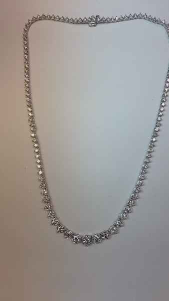 Three Prong Set Riviera Mined Diamond Tennis Necklace 15 Carats White Gold