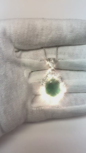 Green Emerald With Diamond Gemstone Pendant Necklace 7.85 Carat WG 14K