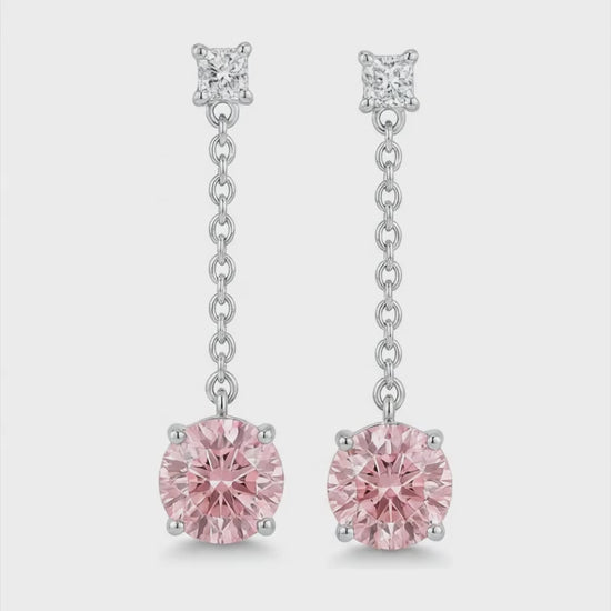 5 Carat Round Pink Lab Grown Diamond and White Diamond Solitaire Earrings 14K White Gold