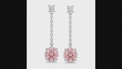 5 Carat Round Pink Lab Grown Diamond and White Diamond Solitaire Earrings 14K White Gold