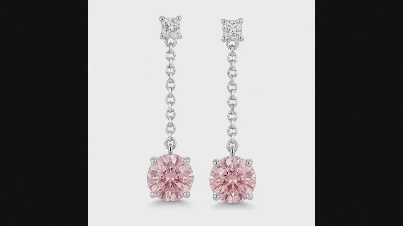 5 Carat Round Pink Lab Grown Diamond and White Diamond Solitaire Earrings 14K White Gold