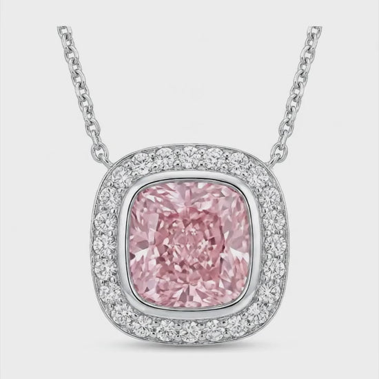2.25 Carat Cushion Pink Lab Grown Diamond and White Diamond Halo Pendant 14K White Gold