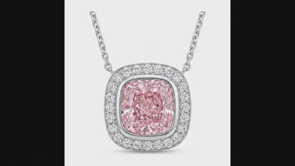 2.25 Carat Cushion Pink Lab Grown Diamond and White Diamond Halo Pendant 14K White Gold