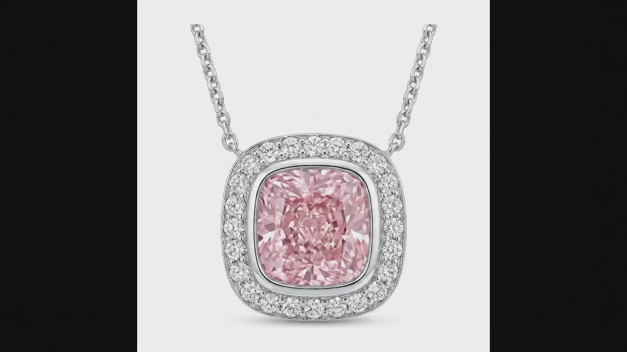 2.25 Carat Cushion Pink Lab Grown Diamond and White Diamond Halo Pendant 14K White Gold