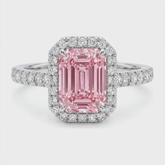 2.5 Carat Emerald Pink Lab Grown Diamond and White Diamond Halo Ring 14K White Gold