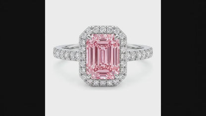 2.5 Carat Emerald Pink Lab Grown Diamond and White Diamond Halo Ring 14K White Gold