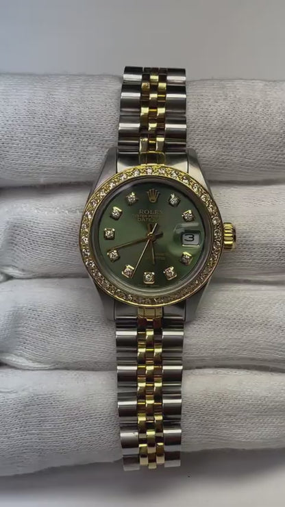 Rolex Ladies Datejust 26 mm Olive Green Diamond Dial Two Tone Watch