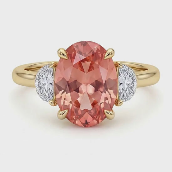 Oval Padparadscha and White Diamond Three Stone Ring Natural 14K Yellow Gold