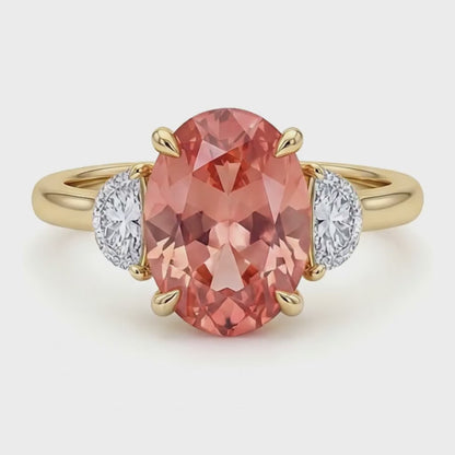 Oval Padparadscha and White Diamond Three Stone Ring Natural 14K Yellow Gold