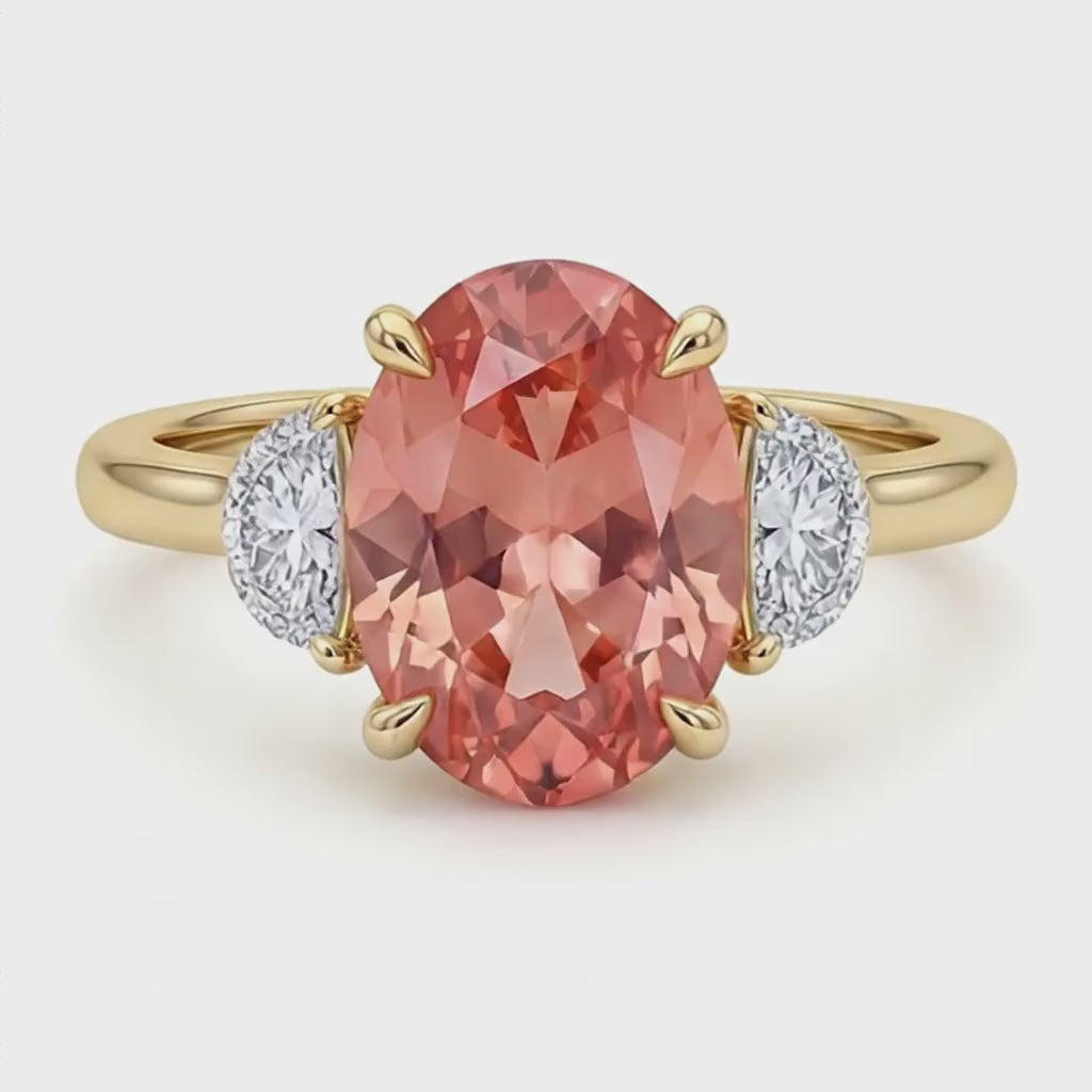 Oval Padparadscha and White Diamond Three Stone Ring Natural 14K Yellow Gold