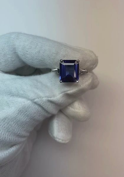 8.30 Carats Emerald Cut Tanzanite & Baguettes Engagement Ring