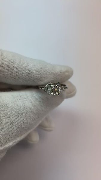 Real  3 Ct Cushion Cut Half Moons Baguette Diamond Ring Excellent Cut 18K