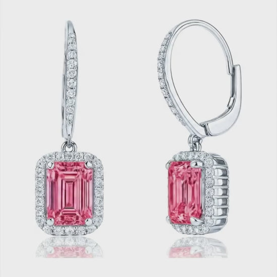 Emerald Cut Pink Lab Grown Diamond and White Diamond Halo Leverback Earrings 14K White Gold