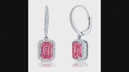 Emerald Cut Pink Lab Grown Diamond and White Diamond Halo Leverback Earrings 14K White Gold