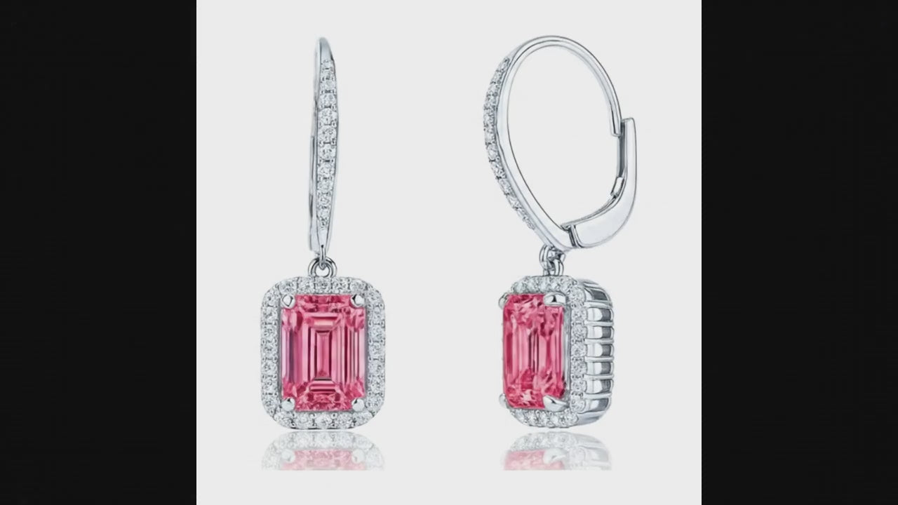 Emerald Cut Pink Lab Grown Diamond and White Diamond Halo Leverback Earrings 14K White Gold