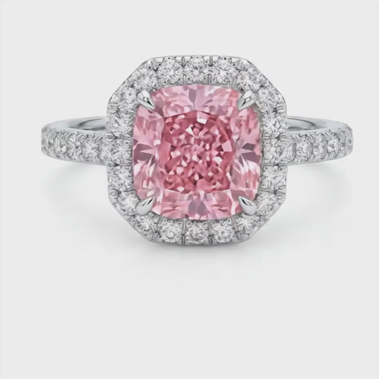 3.25 Carat Cushion Pink Lab Grown Diamond and White Diamond Halo Ring 14K White Gold
