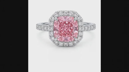 3.25 Carat Cushion Pink Lab Grown Diamond and White Diamond Halo Ring 14K White Gold