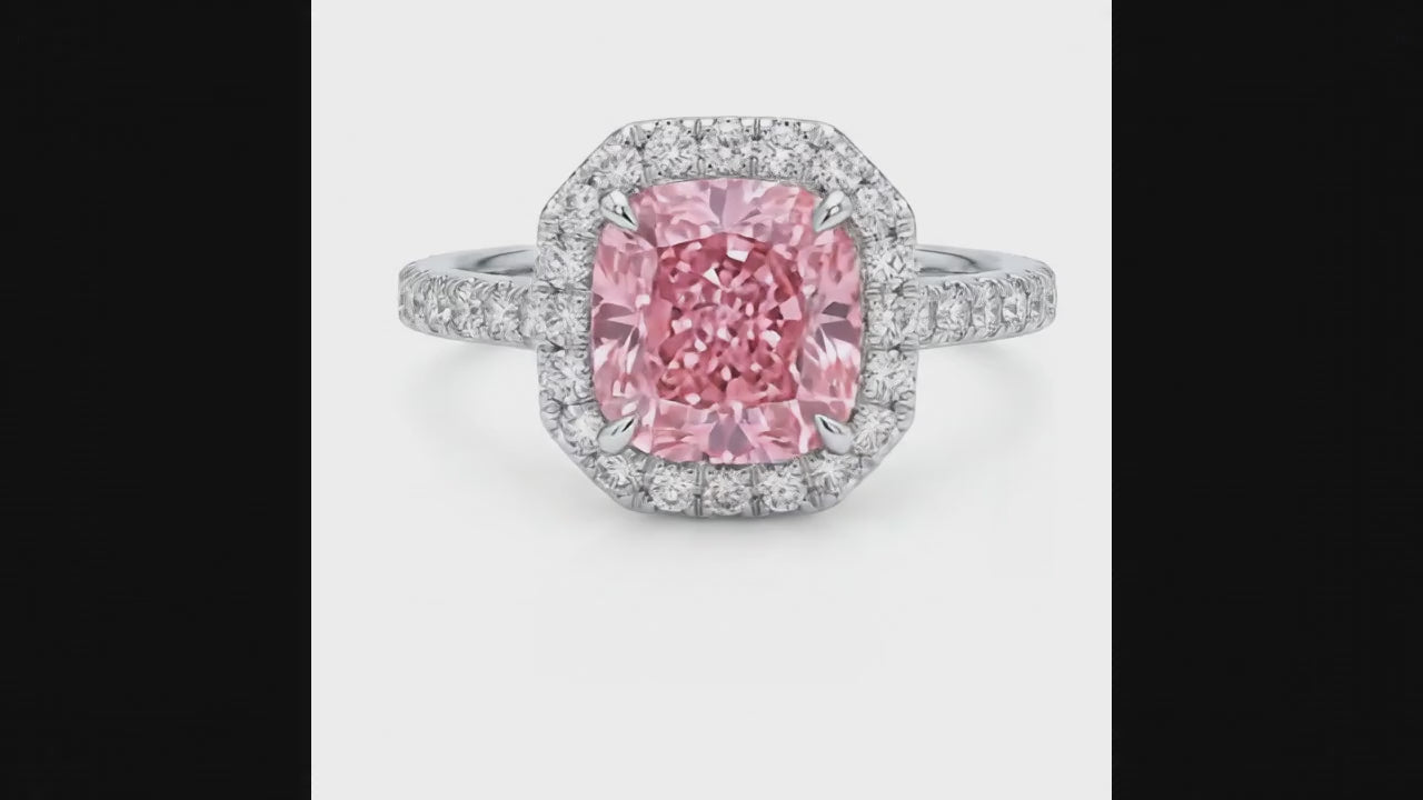 3.25 Carat Cushion Pink Lab Grown Diamond and White Diamond Halo Ring 14K White Gold