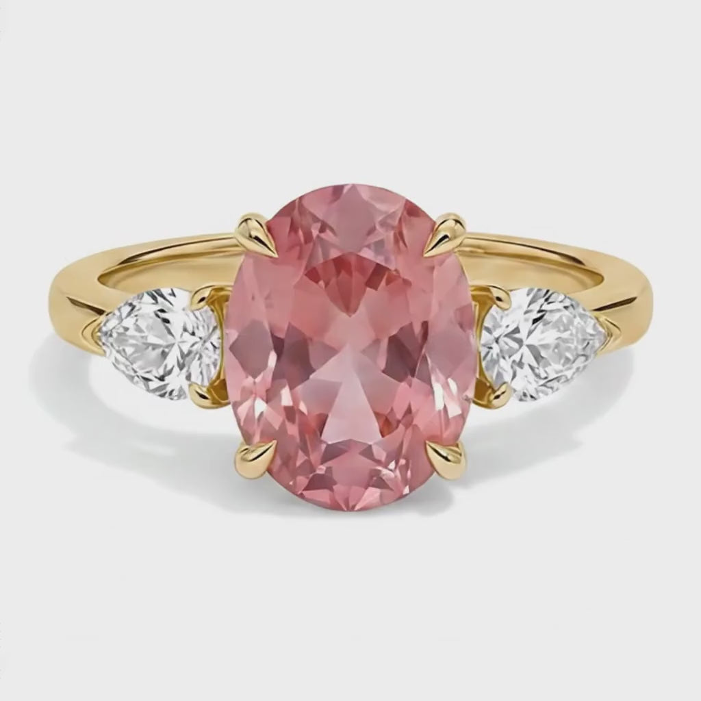 Oval Padparadscha and White Diamond Three Stone Ring Natural 14K Yellow Gold