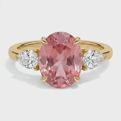 Oval Padparadscha and White Diamond Three Stone Ring Natural 14K Yellow Gold