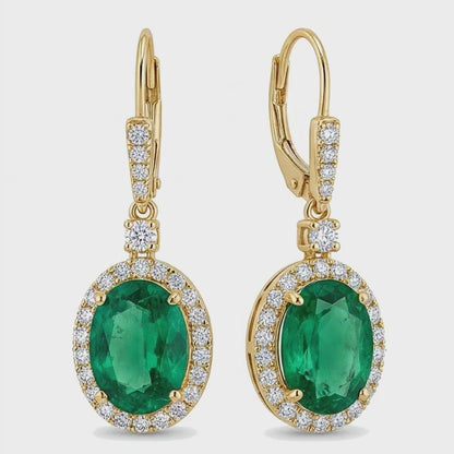 Green Emerald Earrings 3.5 Carat Lab Grown Oval Halo Leverback 14K Yellow Gold