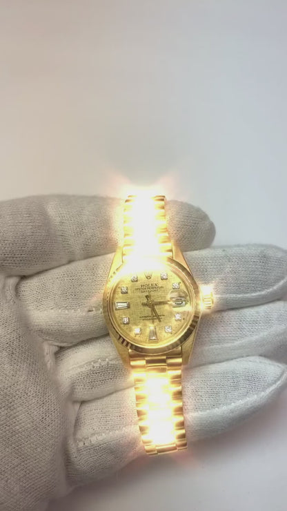 Rolex President Diamond Dial Fluted Bezel Yellow Gold Lady Watch