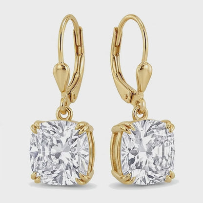 White Diamond Drop Earrings 4 Carat Lab Grown Cushion Leverback 14K Yellow Gold