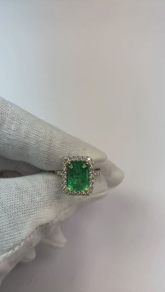 Halo Diamond Colombian Green Emerald Engagement Ring 3.55 Carats White Gold