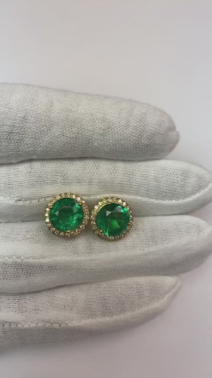 Round Green Emerald With Natural Earth Mined Diamond Women Stud Halo Earring White Gold 14K