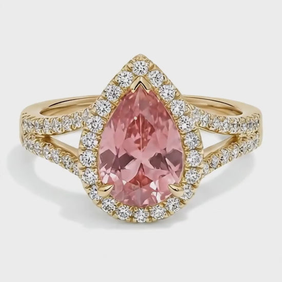 Pear Padparadscha and White Diamond Halo Ring Natural 14K Yellow Gold