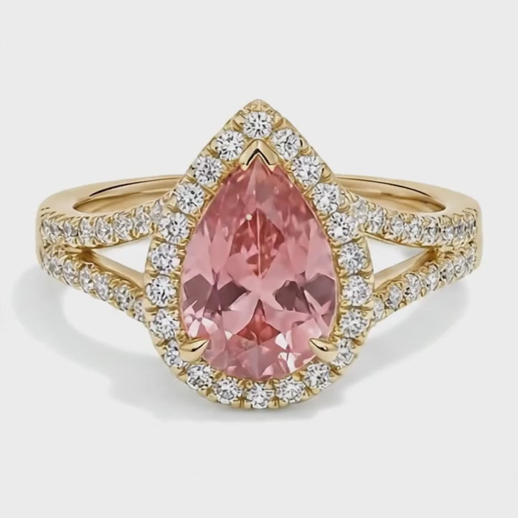 Pear Padparadscha and White Diamond Halo Ring Natural 14K Yellow Gold