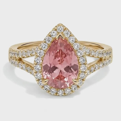 Pear Padparadscha and White Diamond Halo Ring Natural 14K Yellow Gold