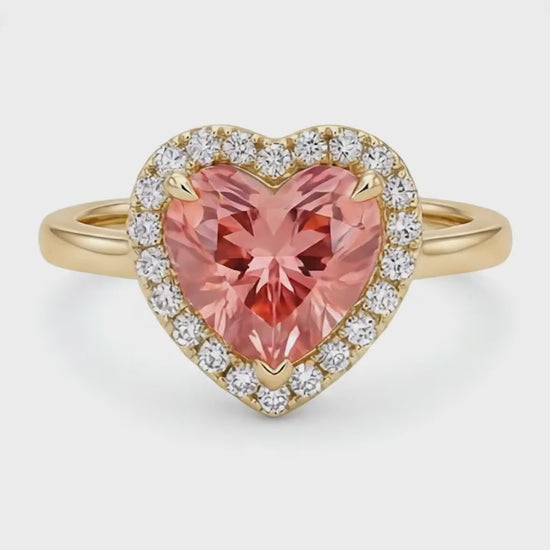 Heart Padparadscha and White Diamond Halo Ring Natural 14K Yellow Gold
