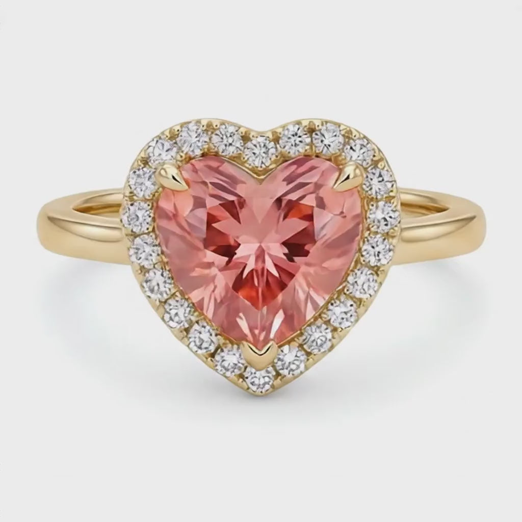 Heart Padparadscha and White Diamond Halo Ring Natural 14K Yellow Gold