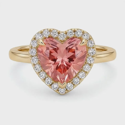 Heart Padparadscha and White Diamond Halo Ring Natural 14K Yellow Gold