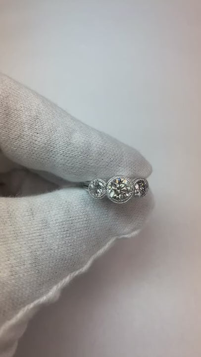 Three Stone Round Bezel Set Natural Earth Mined Diamond Ring Old European 1.75 Carats