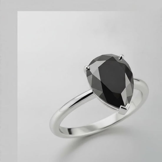 Pear Black Diamond Solitaire Ring Natural 14K White Gold