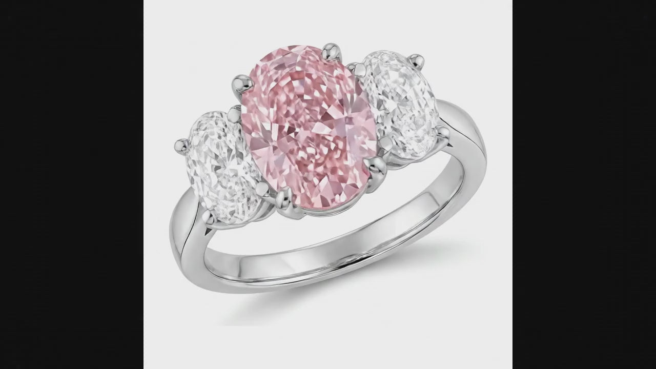 2.5 Carat Oval Pink Lab Grown Diamond and White Diamond Three Stone Ring 14K White Gold