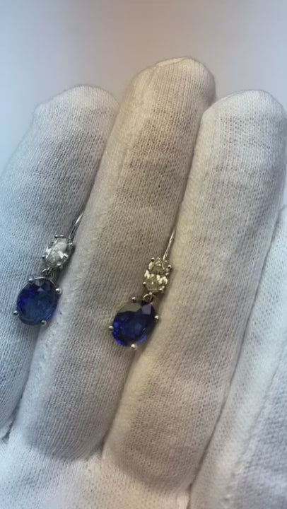 6 Carat Oval Ceylon Sapphire Natural Earth Mined Diamonds Dangle Earring Two Tone Gold
