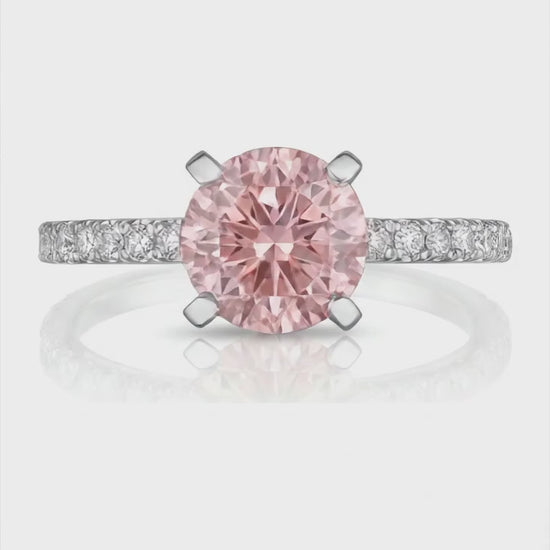 3.5 Carat Round Pink Lab Grown Diamond and White Diamond Pave Ring 14K White Gold