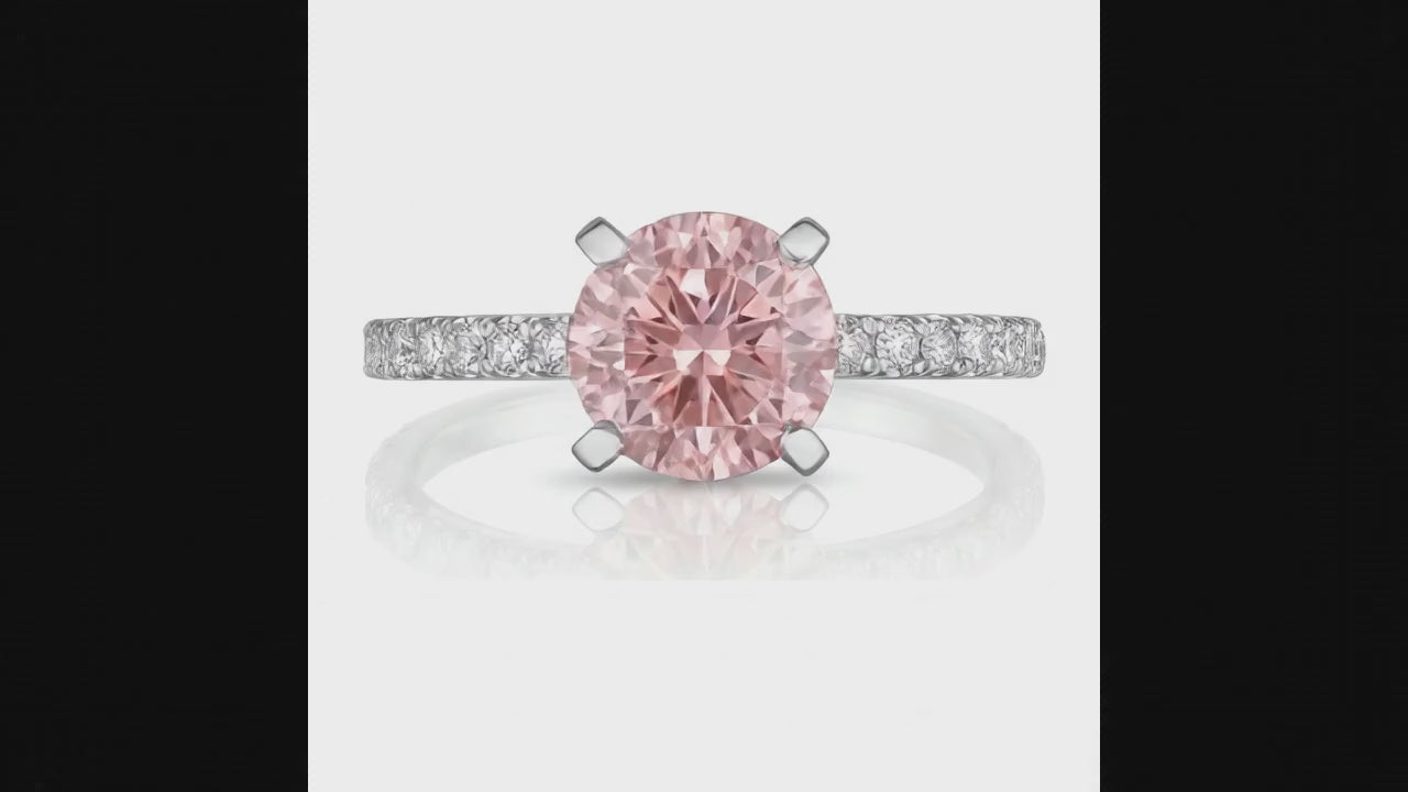3.5 Carat Round Pink Lab Grown Diamond and White Diamond Pave Ring 14K White Gold