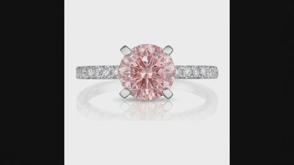 3.5 Carat Round Pink Lab Grown Diamond and White Diamond Pave Ring 14K White Gold