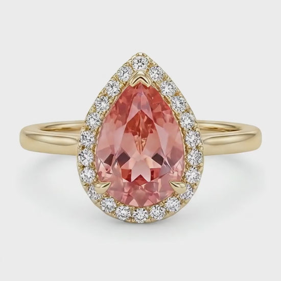 Pear Padparadscha and White Diamond Halo Ring Natural 14K Yellow Gold