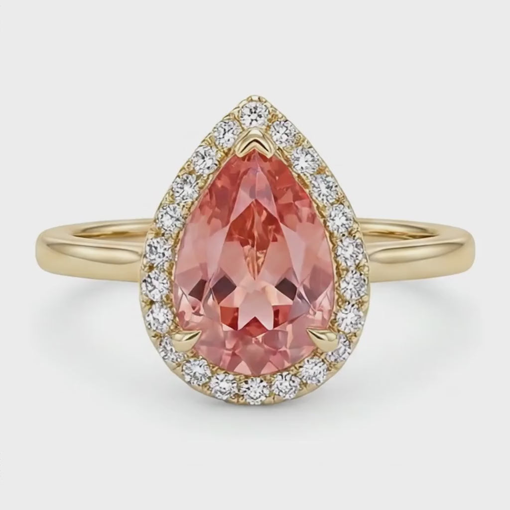 Pear Padparadscha and White Diamond Halo Ring Natural 14K Yellow Gold