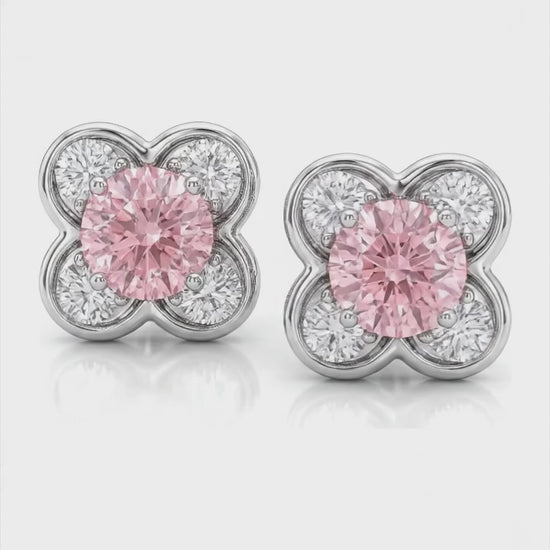1 Carat Round Pink Lab Grown Diamond and White Diamond Cluster Earrings 14K White Gold
