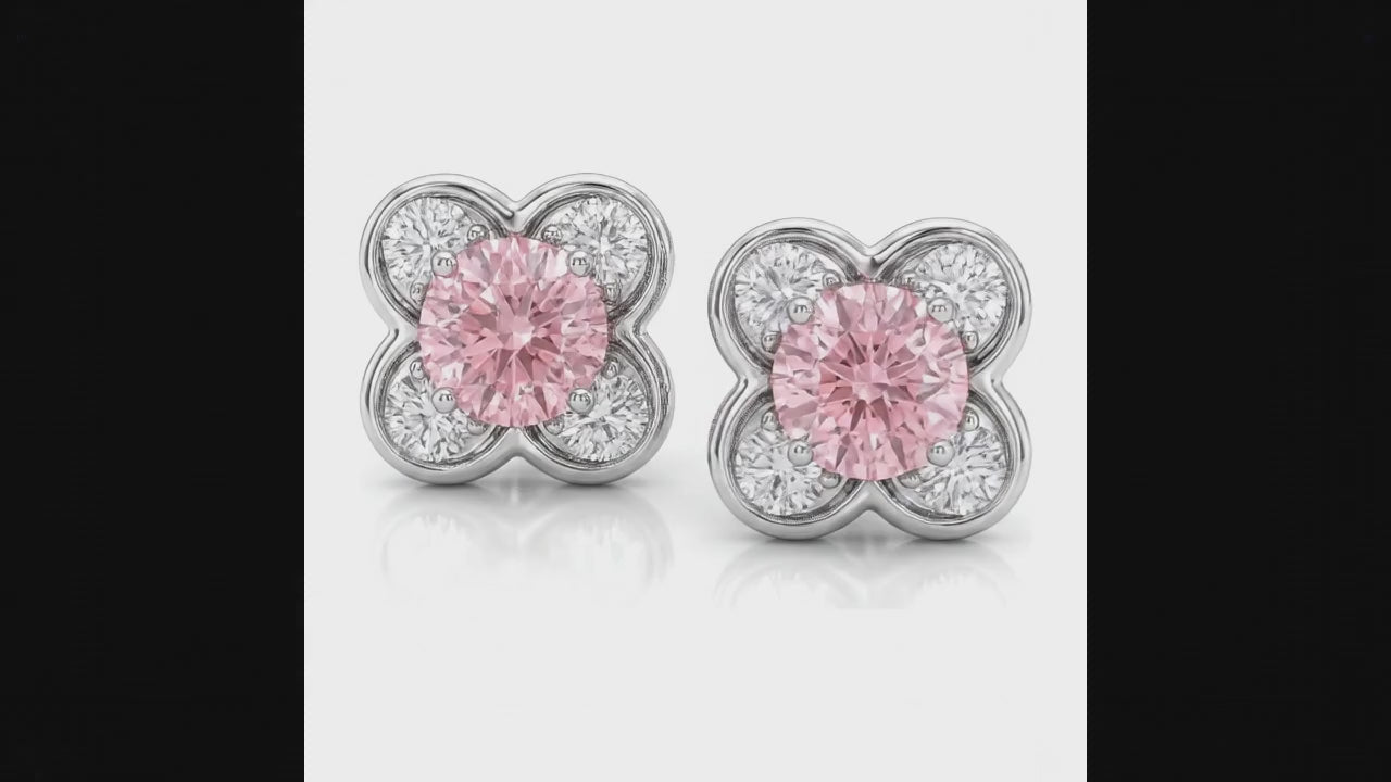1 Carat Round Pink Lab Grown Diamond and White Diamond Cluster Earrings 14K White Gold