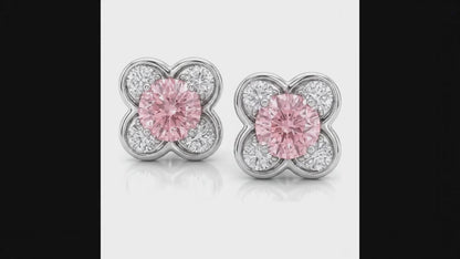 1 Carat Round Pink Lab Grown Diamond and White Diamond Cluster Earrings 14K White Gold