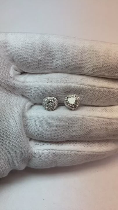 Heart & Round Cut Halo Real Natural Earth Mined Diamond Stud Earring 2.40 Carat White Gold 14K