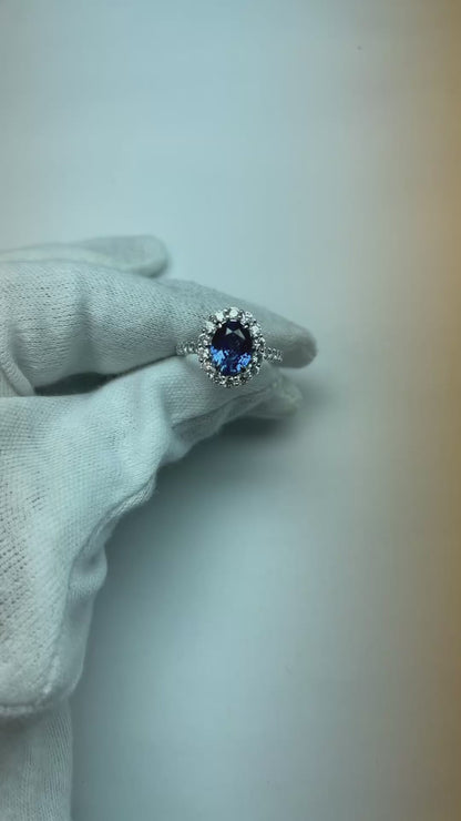 Sri Lanka Blue Sapphire Halo Natural Earth Mined Diamond Ring 4.50 Carats White Gold 14K