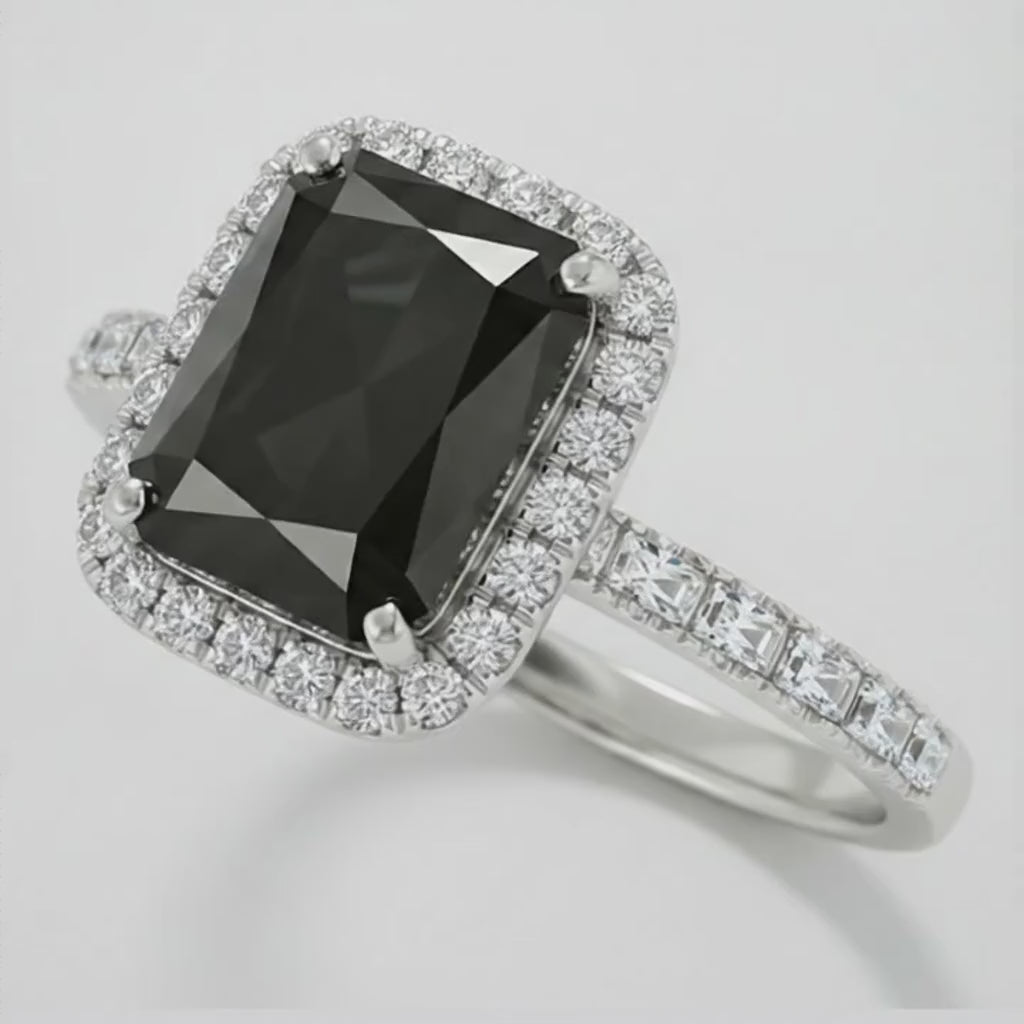 6 Carat Radiant Black Diamond and White Diamond Halo Ring Natural 14K White Gold